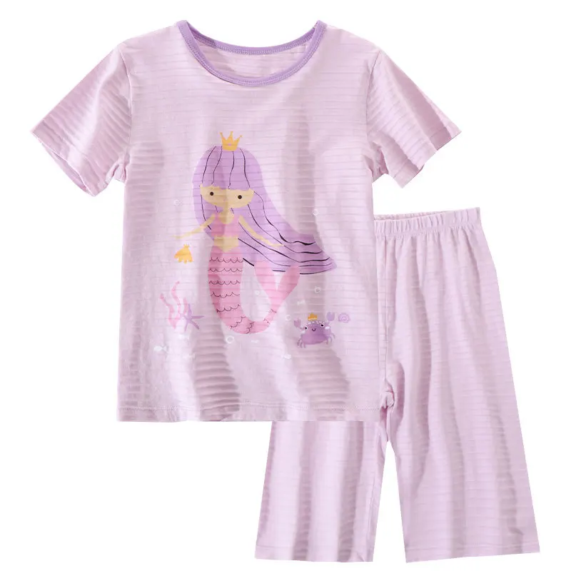 2-16 Years Girls Pyjamas 100% Cotton Summer Girls Kids Short Sleeve Home Wear Mermaid Pink Purple Thin Pajamas Sets Sleepwear