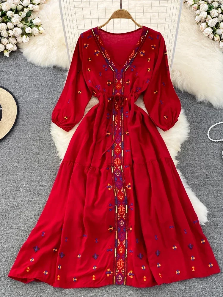 New Spring Summer Bohemian Retro Ethnic Style Embroidery V-neck Waist A-line Seaside Holiday Swing Long Vestidos Dress D1491