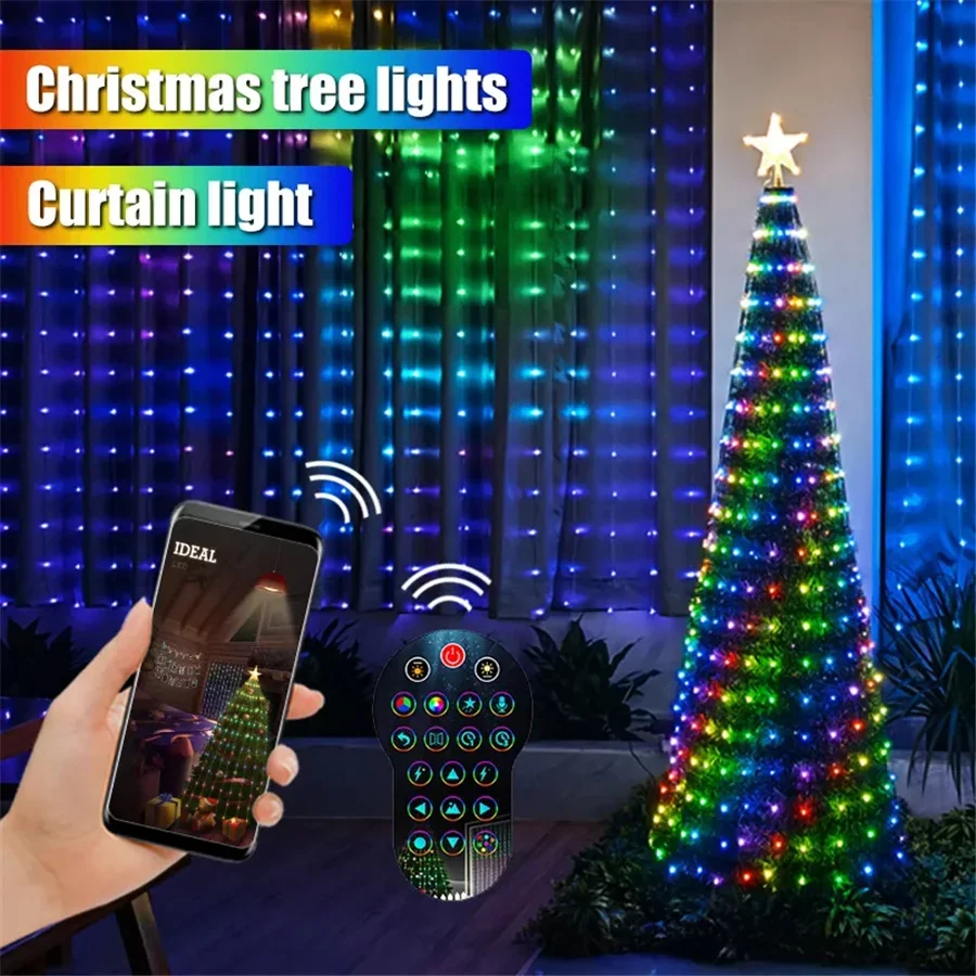 Guirlanda de luzes de cortina com controle inteligente do aplicativo, corda de Natal para decoração do festival, RGB, padrão DIY, novo, 3x3m, 400LEDs, 2024