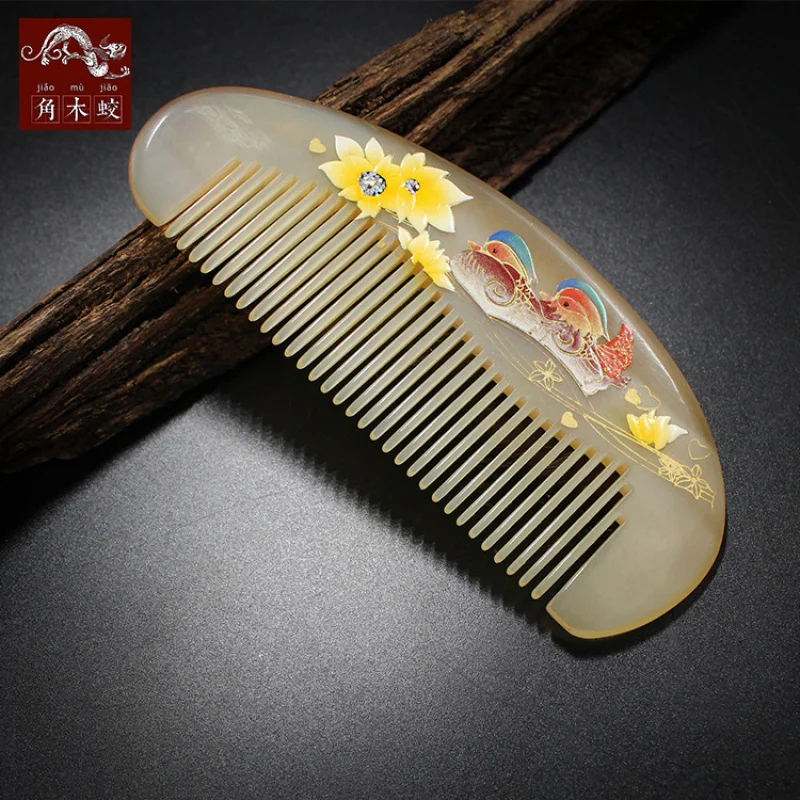 Hand-painted lacquer art comb made from hornwood and sheep's horn, handcrafted mandarin duck comb