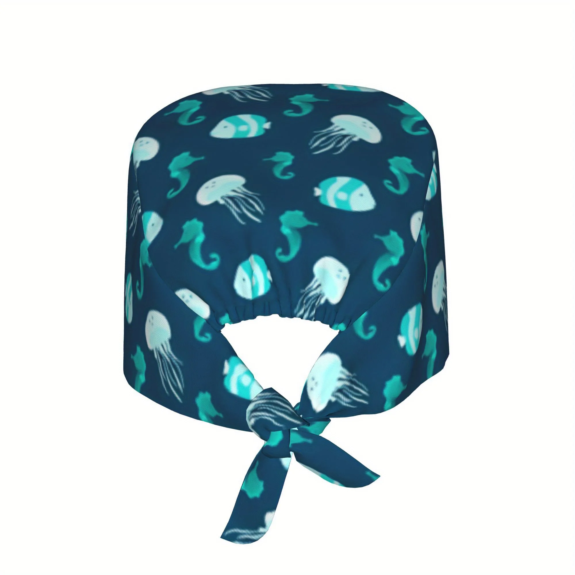 1pc Women'S Jellyfish & Shell Print Work Cap - Adjustable, Lightweight Skull Hat with Tie-Back Design, Dustproof Nurse Hat for H
