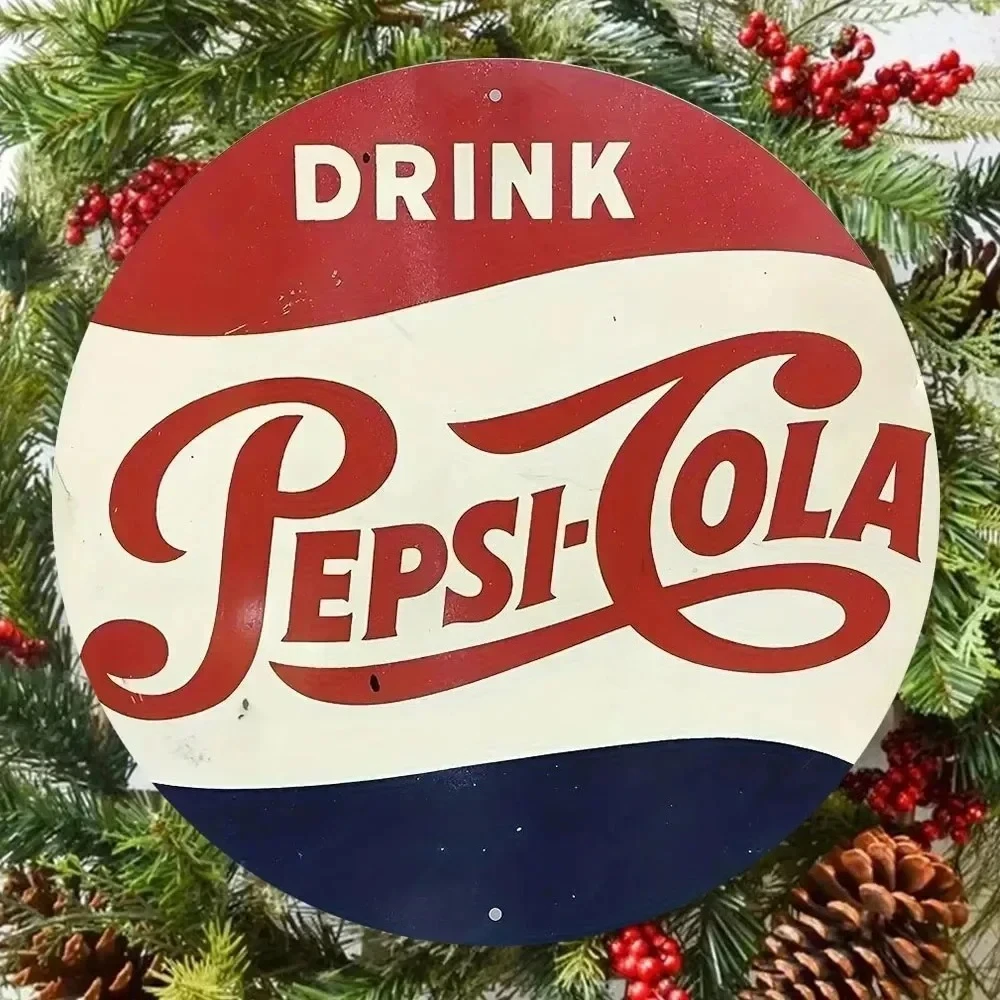 Vintage Aluminium Round Soda Pop Tin Sign, Red White Blue Retro Beverage Label Wall Decor for Bar Home Pub Space