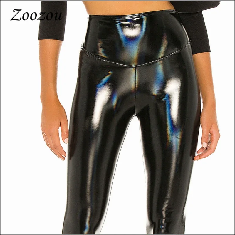 Warm PU Latex Leggings for Women High Waist Skinny Trousers Sexy Bodycon Black Slim Leather Pencil Pants Custom Wool