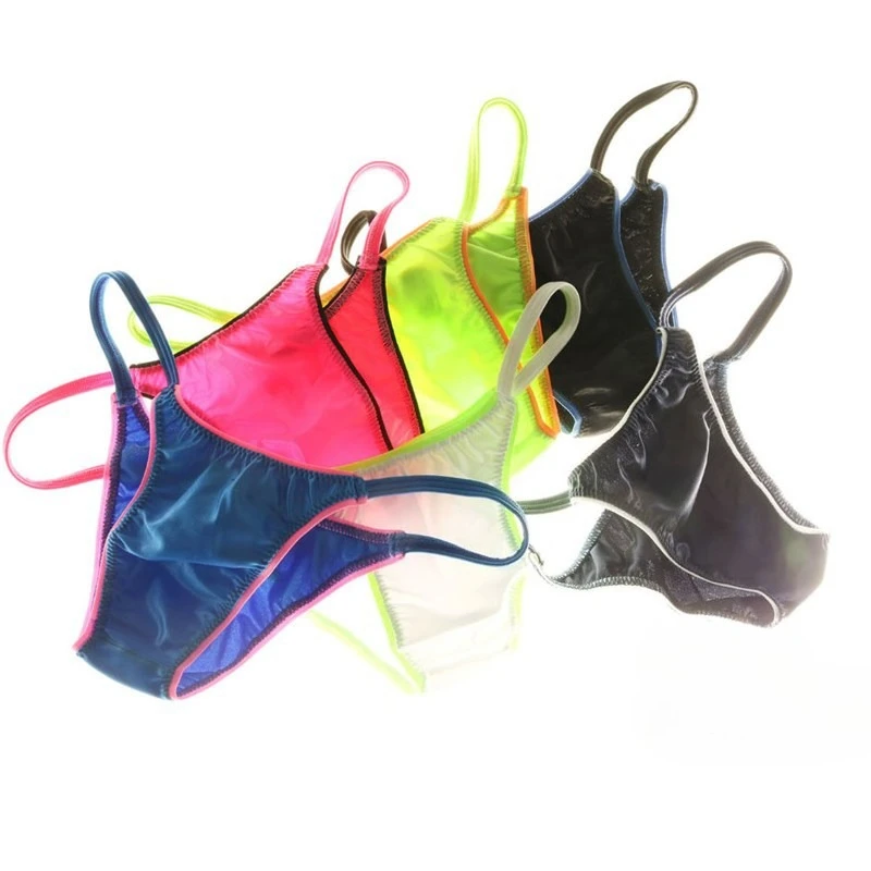 

Color Block Ice Silk Men's Briefs, Low-rise Elastic Bikini Underwear with Thin Straps