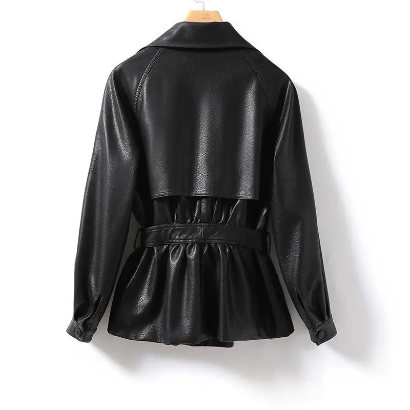 Fashionable Genuine Leather Jacket for Women Waist-tied Loose Version Spring Autumn Black Brown Casual Stylish Aesthetic