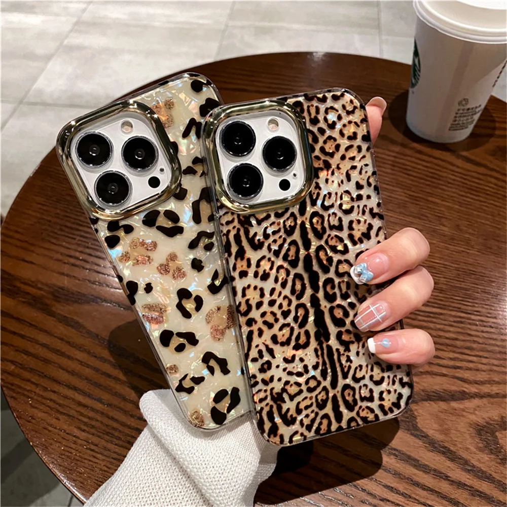 Luxury Leopard Aurora Shell Pattern Case For iPhone 16 15 14 13 12 11 Pro Max Plus Plating Camera Protection Shiny Cool Cover