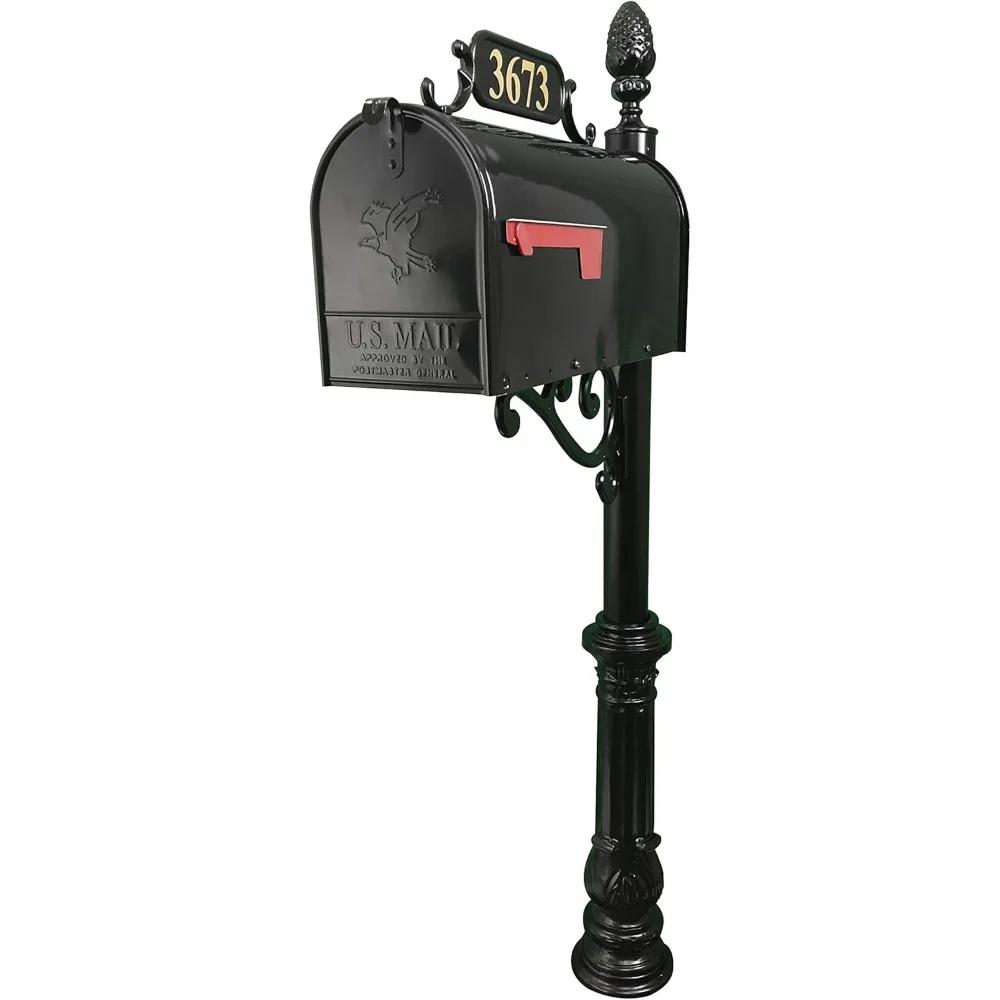 Mailbox with Post Combo – Black Aluminum Decorative Mailbox – Includes Address Plaque, House Numbers, Pineapple Finial