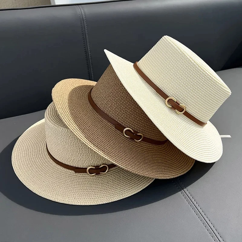 2024 Simple Straw Summer Women Beach Hat Female Casual Panama Hat Lady Brand Women Flat Brim Bowknot Straw Cap Girls Sun Hat