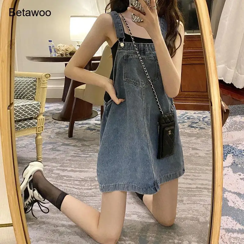 Damen Jeans-Overall-Minikleid Ärmellos Locker Sitzend Lässiges A-Linien-Jeanskleid mit Taschen