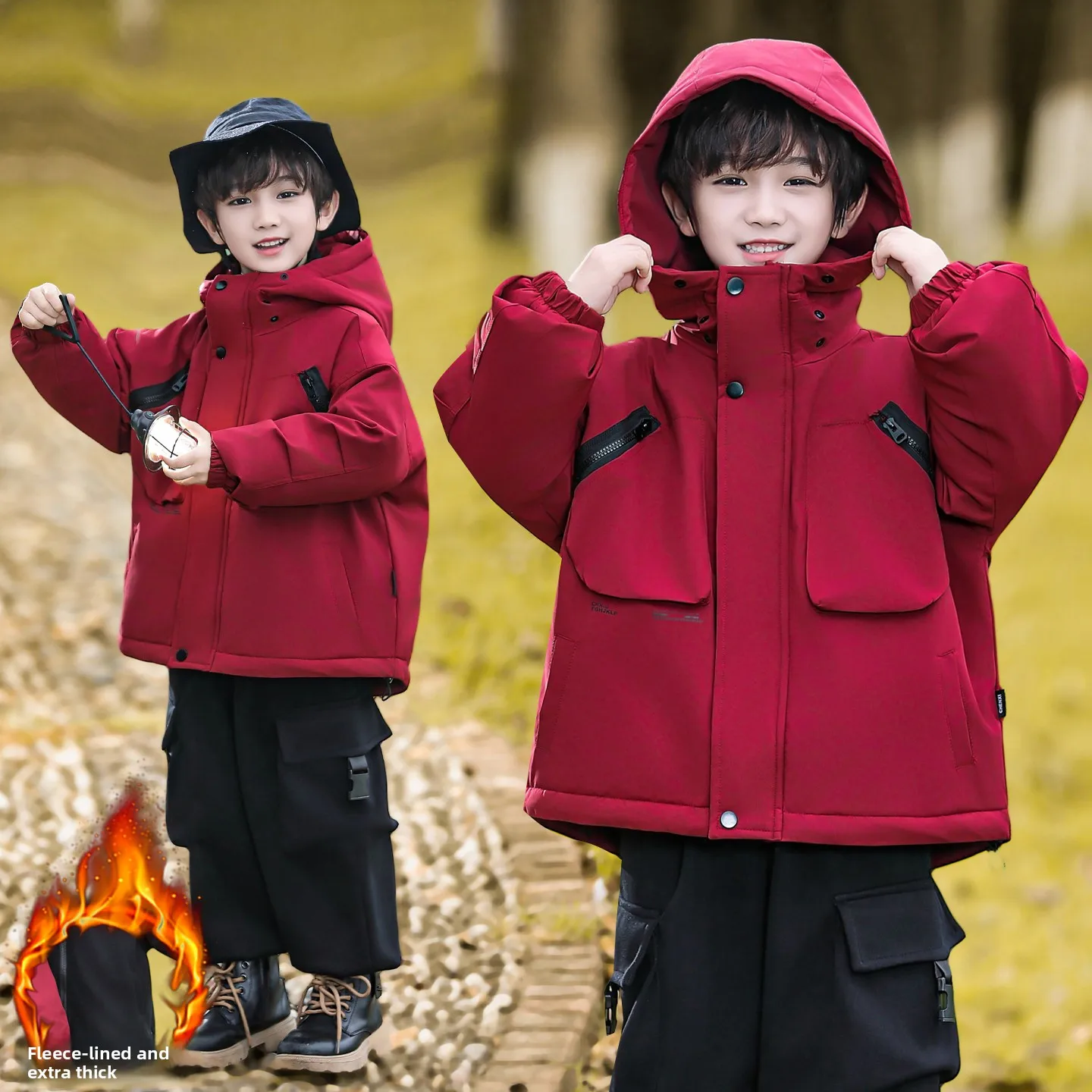 

Утепленный хлопковый костюм для мальчиков: зимний, ветрозащитный, водонепроницаемый, теплый, красный, комплект из двух предметов, молодежный, модный, с воротником-стойкой