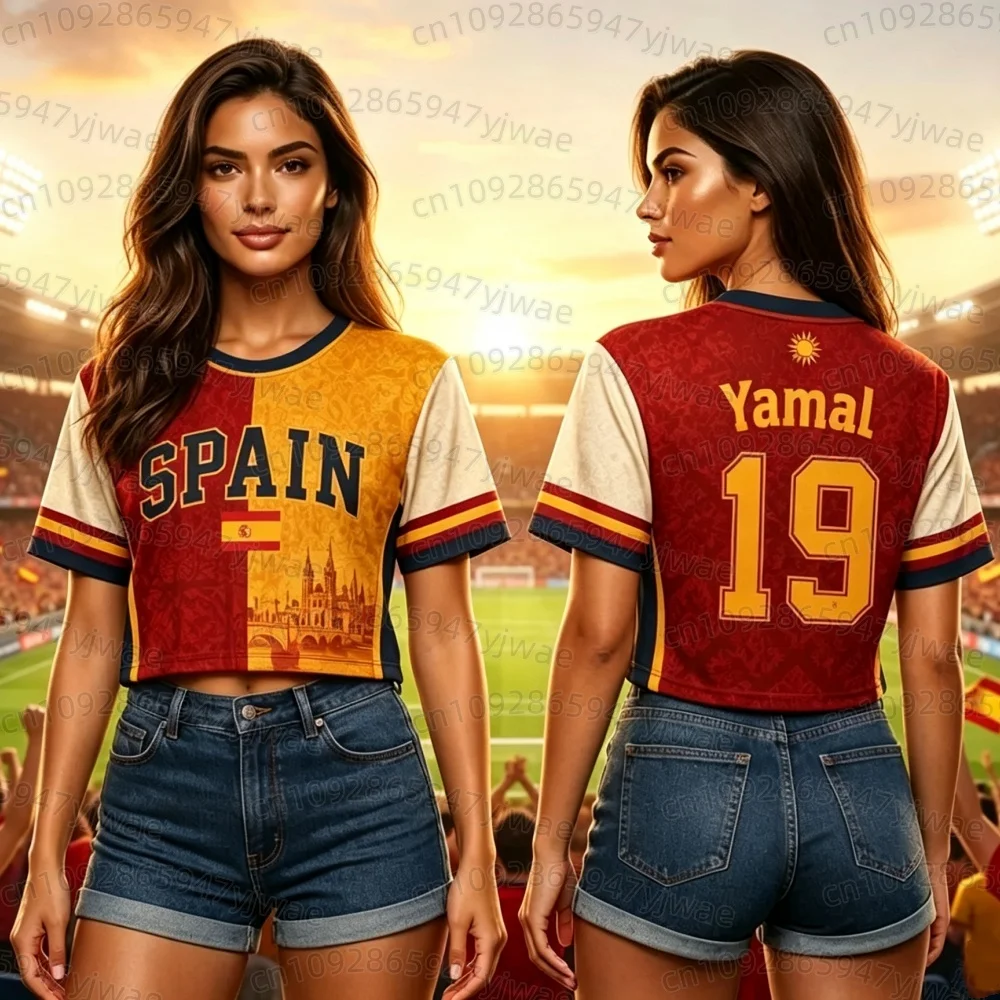 2026 New Women Spain Flag Print Crop Top Jersey Yamal No.19 Tee Women Cheerleaders Football Jersey, Short Sleeve Women T-Shirt