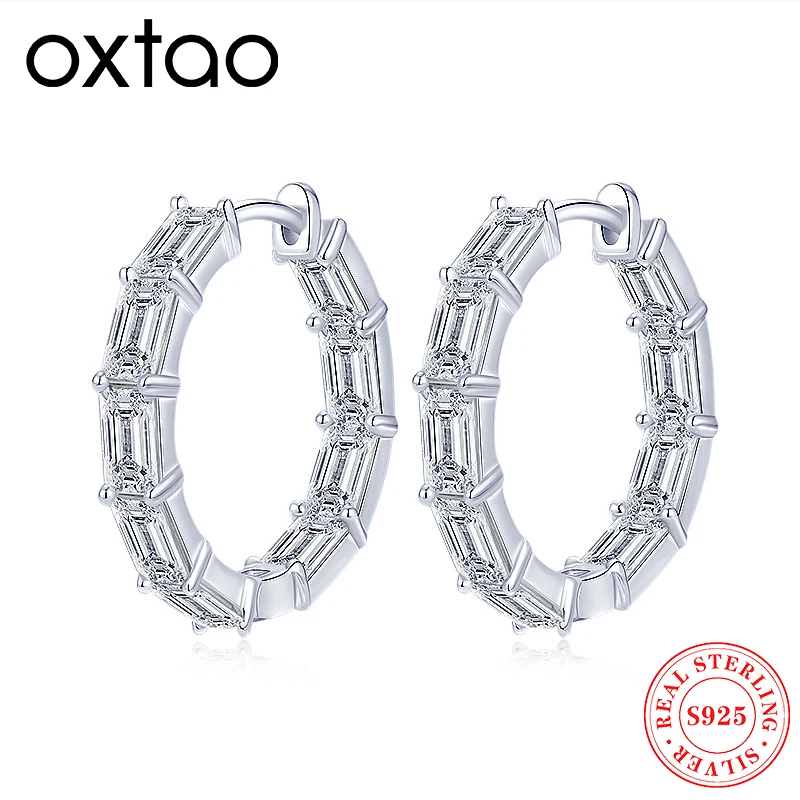 

OXTAO Emerald Cut Single Row Hoop Earrings 100% 925 Sterling Silver Moissanite Huggie Earring Luxury Wedding Jewelry for Women