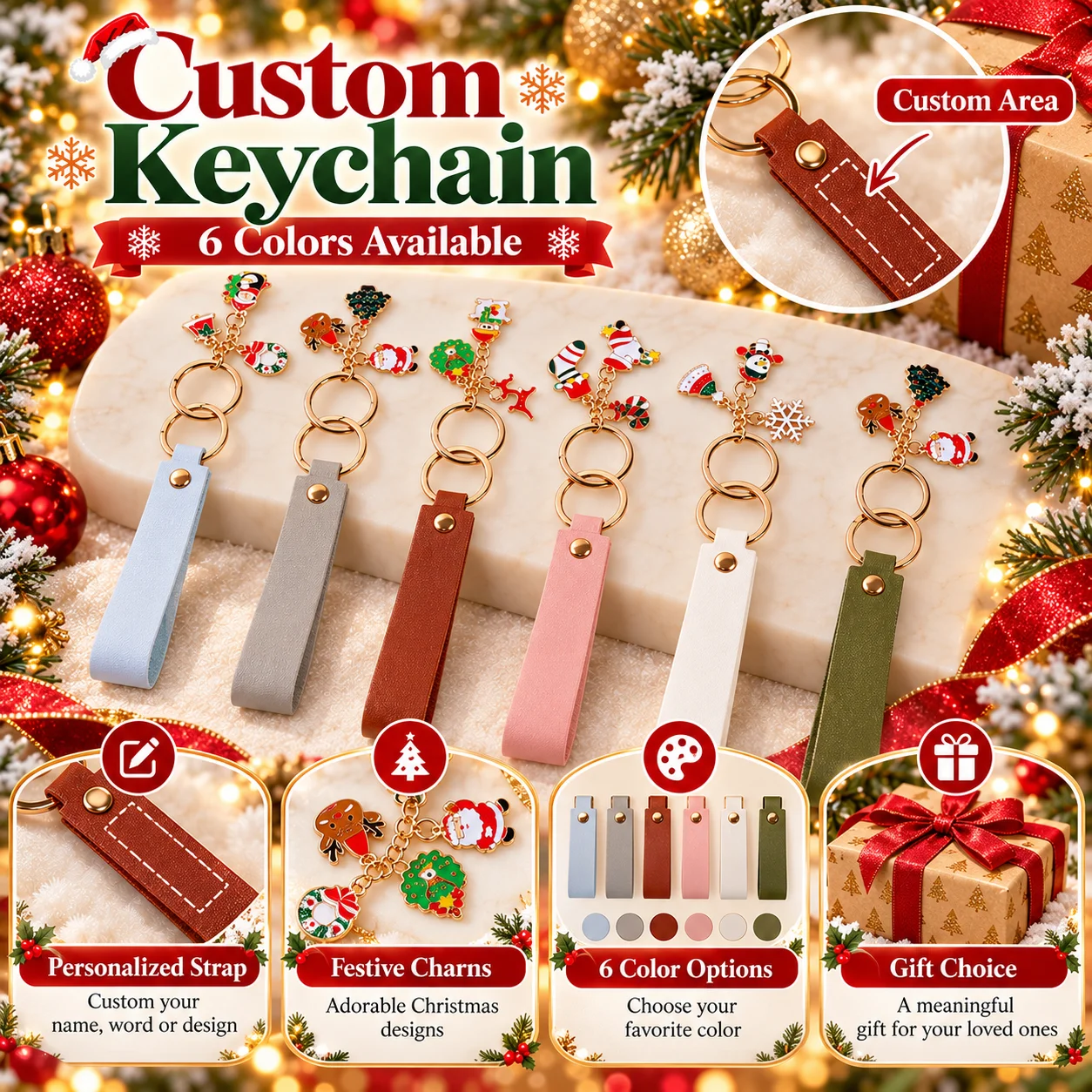 Custom Keychain For Famliy PU Leather Bag Charm Gold Metal Christmas Tree Snowman Pendant Key Holder Car Accessories - view 6