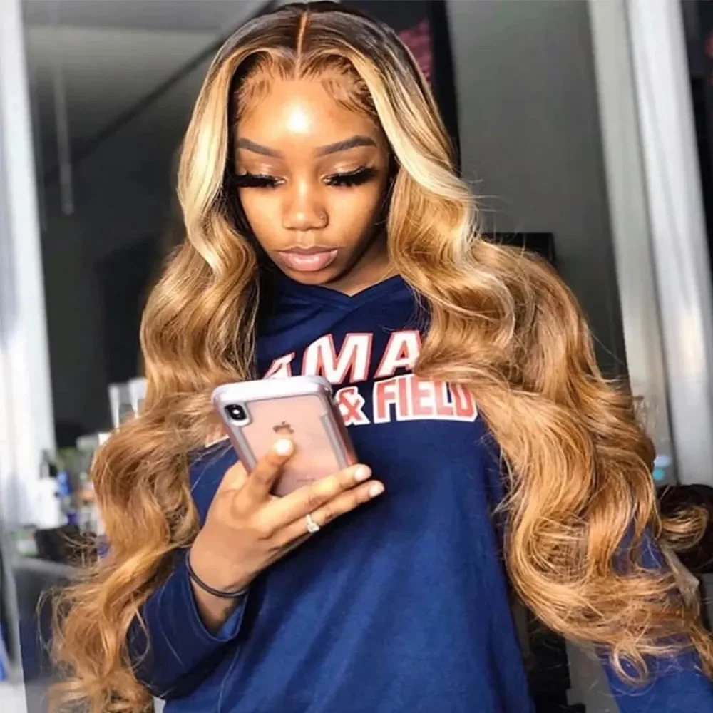 4/27 Highlight Body Wave Long Human Hair Wig 13x4 Lace Frontal Wigs Ombre Brown Blonde Remy Hair Lace Front 100% Human Hair Wigs