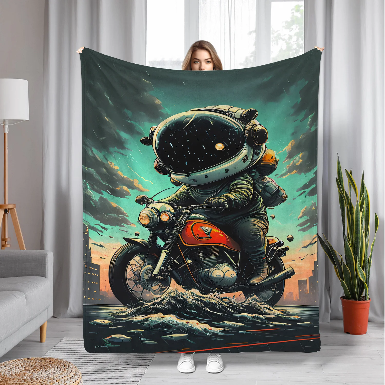 Cyber Space Motorcycle Theme Flannel printed blanket suitable for all seasons suitable for living room office sofa and travel