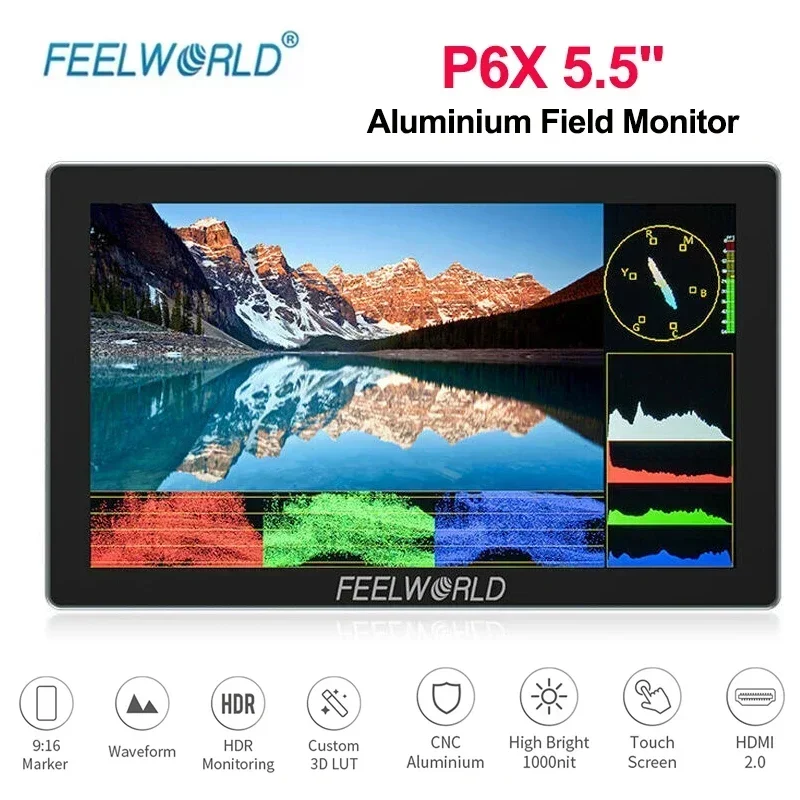 FEELWORLD P6X 5.5 "อลูมิเนียม Field Monitor 1000nit หน้าจอสัมผัส Ultra Bright 3D LUT HDMI-Compatibled Monitor 1920x1080 พิกเซล