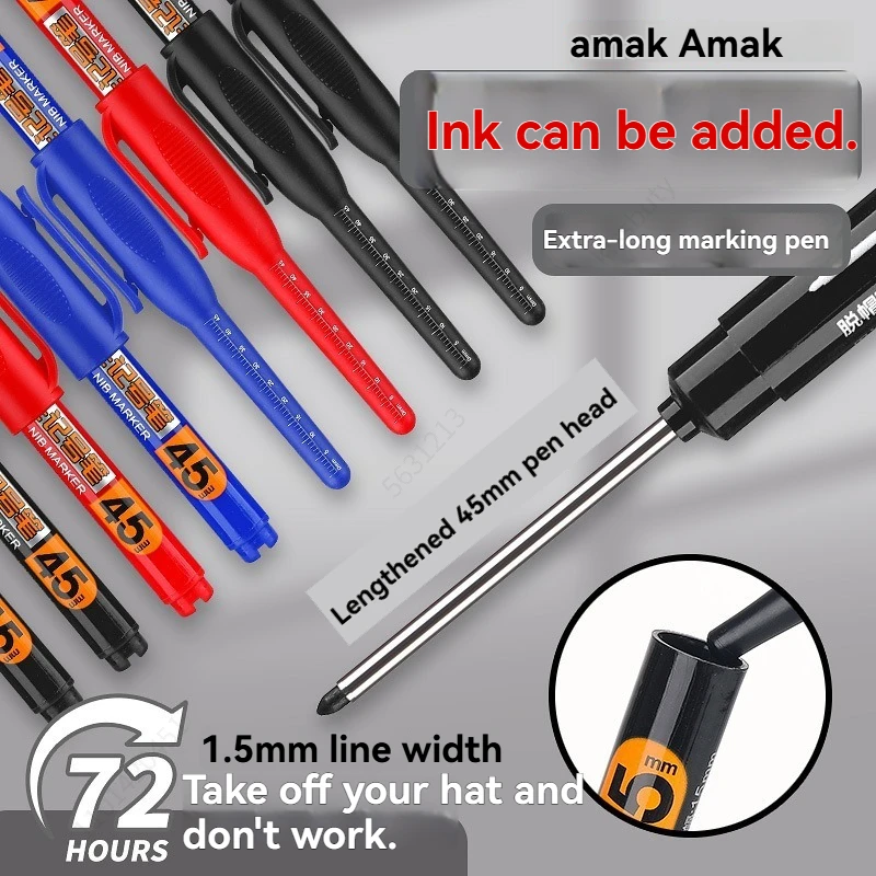 45mm Deep Hole Marker Pens Set Long Nib Head Carpenter Pen Waterproof for Measuring Woodworking Office White/Black/Blue/Red