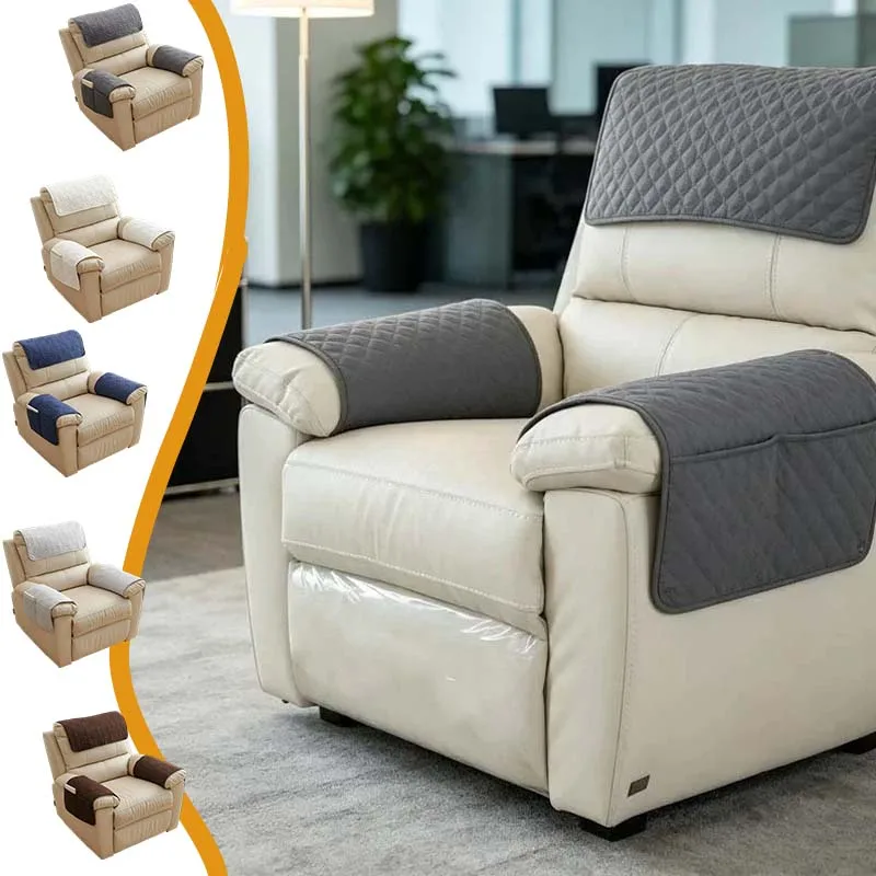 Universal 3PCS Sofa Armrest Headrest Cover Set with Side Pockets Non-Slip Stretch Protector for Recliner Chair Furniture Covers