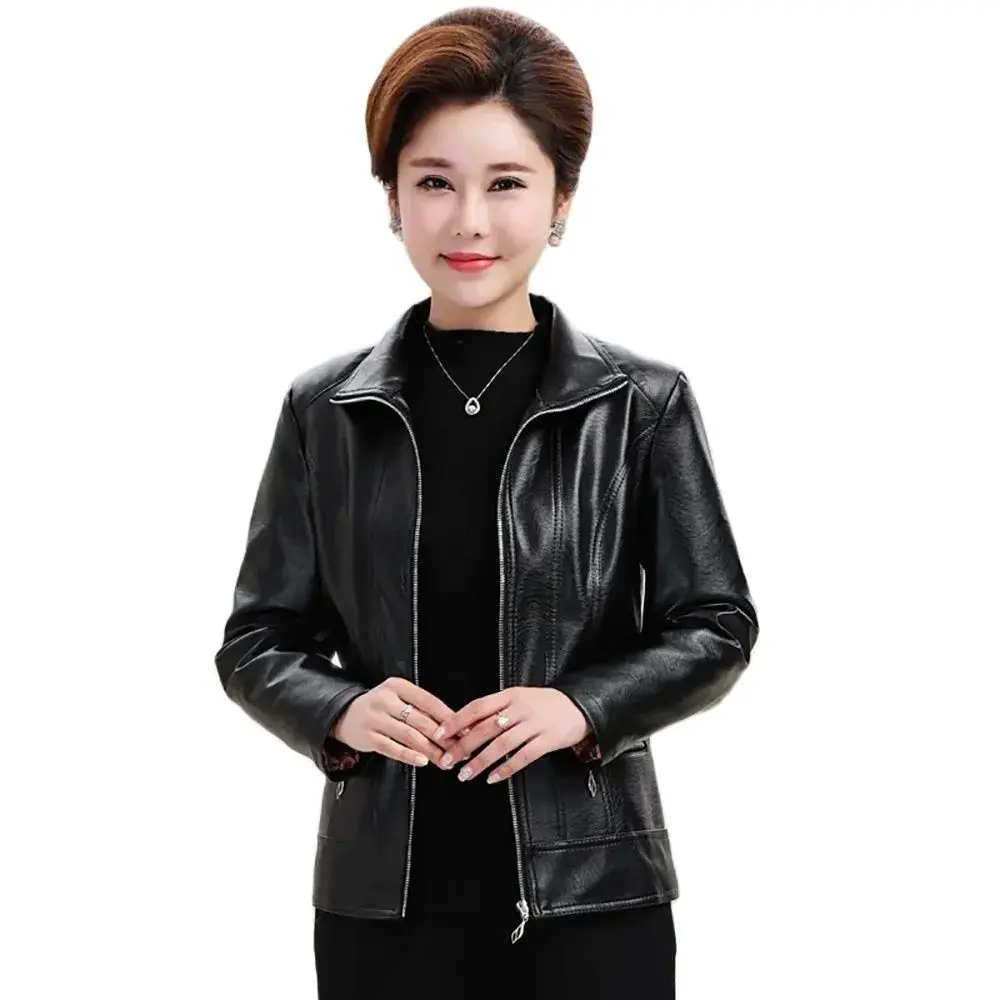 

Spring And Autumn New Short Coat Female Middle-aged And Elderly Mothers Leather Winter Western Fashion High-end Leather Jacket.