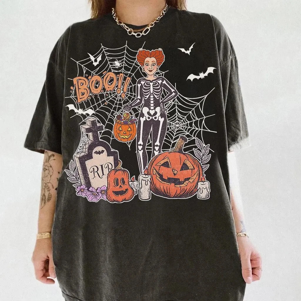 2026 new Round-neck short-sleeved Halloween skull witch pattern men's and women's universal holiday T-shirt