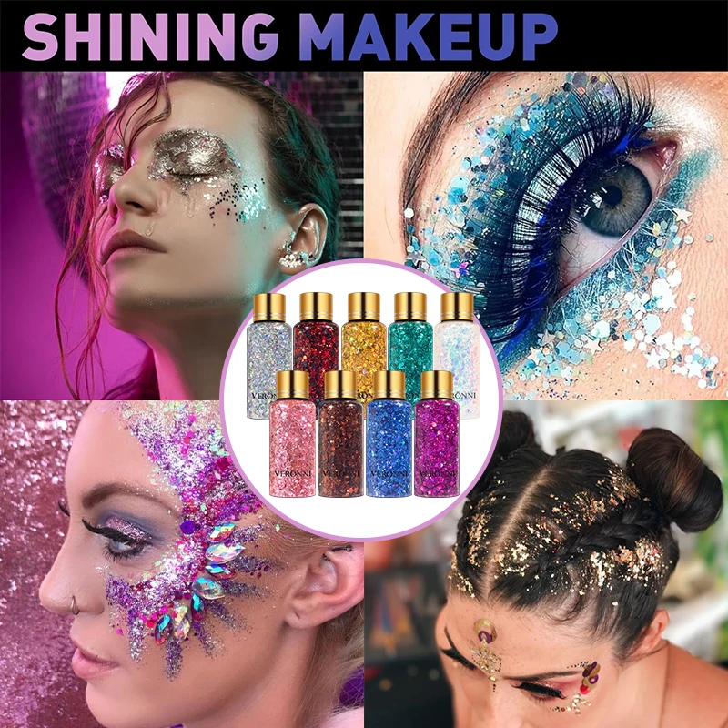 9 Color Face Sequin Glitter Makeup Face Hair Body Nail Glitter Gel Holographic Sequins Makeup Glitter Gel for Bar Festival Party