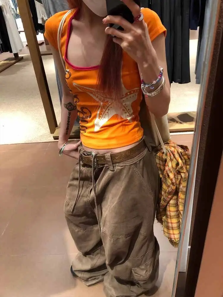 HOUZHOU Y2k Harajuku T Shirts Women Vintage Spicy Girl Orange Crop Tops American Retro 2000s Slim Short Sleeve Graphic T-Shirt - view 4