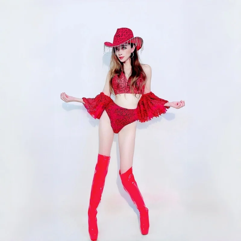 Women Sexy Slim Red Leopard Bikini High Slit Long Dress Hat Bar Nightclub Gogo Dancer Group Show Transparent Stage Costume