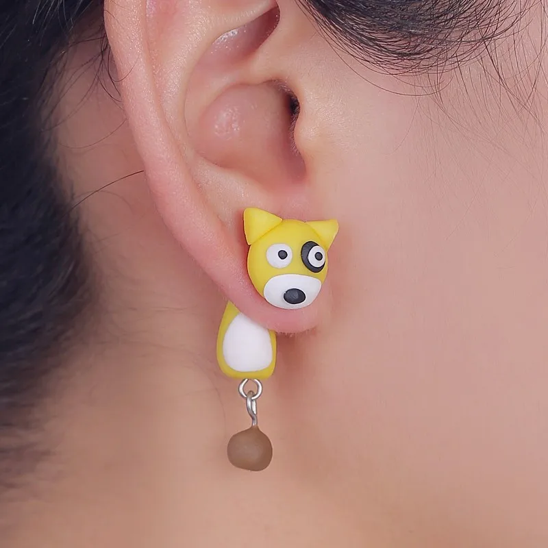 Handmade Yellow Puppy Dog Polymer Clay Stud Earrings For Women Cute 3D Animal Front Back Ear Jackets Kawaii Pet Doggy Brincos