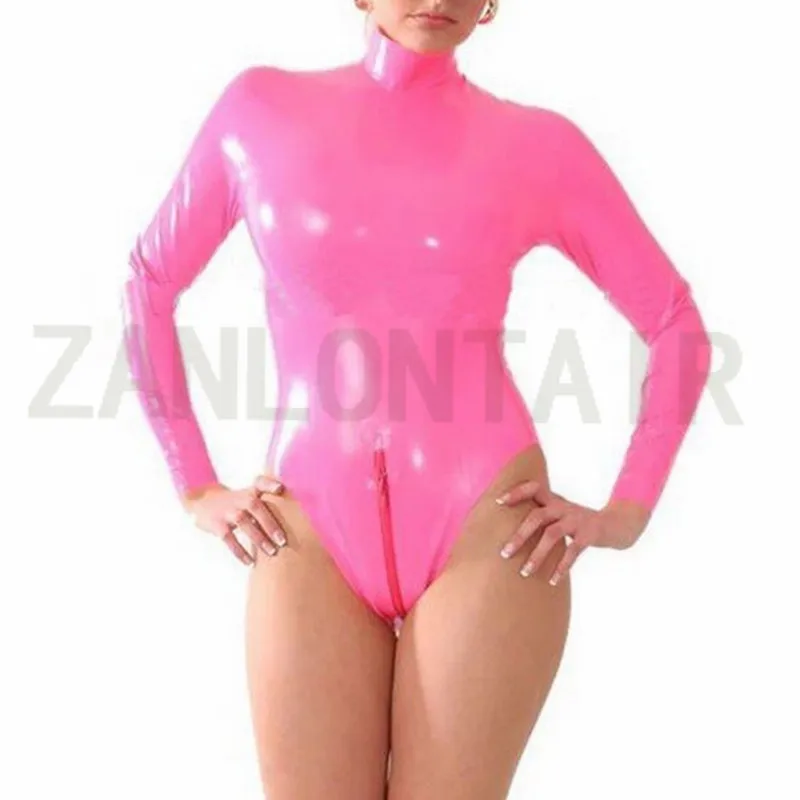 

Women Exotic Sexy Lingerie Handmade Pink Latex Back Zipper Long Sleeves Customize Size Swimming Catsuit Uniform Tops Blouse