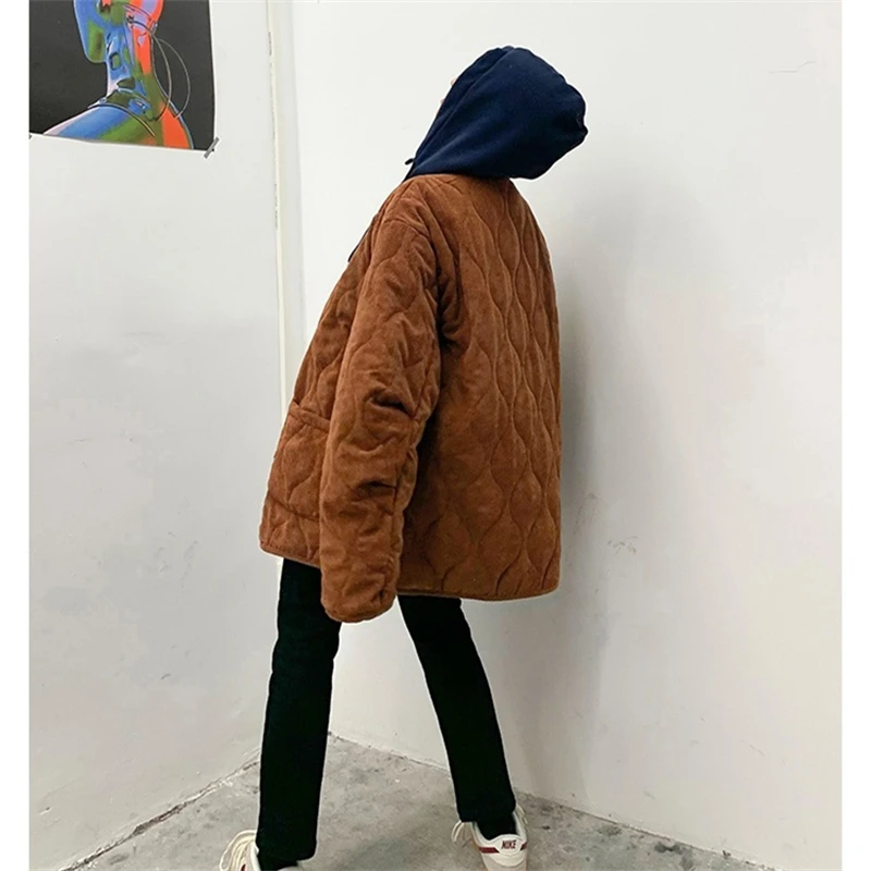 Vintage Women Oversized Cotton Coat Basic Brown Beige Pocket Parkas 2022 Winter Fashion Casual Outerwear Warm Coats Streetwear