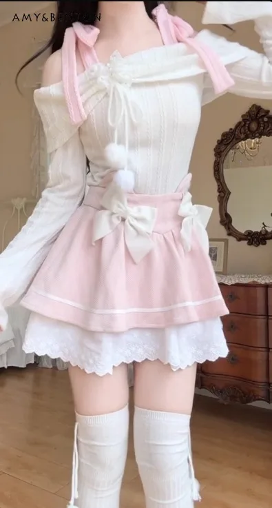 

2025 Autumn New Sweet Cute Bow White Off-Shoulder Long Sleeve Strap Top Women High Waist Slimming Pink Short Skirt Two-Piece Set