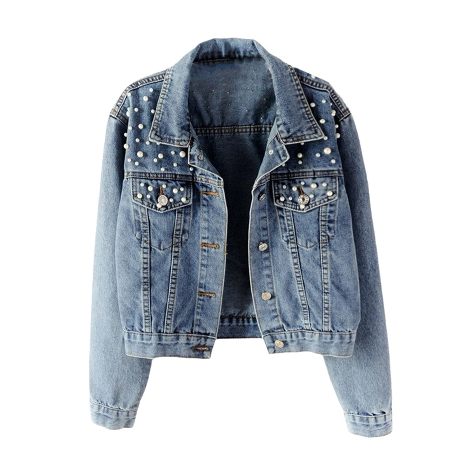 Womens Fashion Boho Denim Jacket Oversized Cropped Coat with Pearl Embellished Lapel And Flap Pockets for Casual Daily Wear