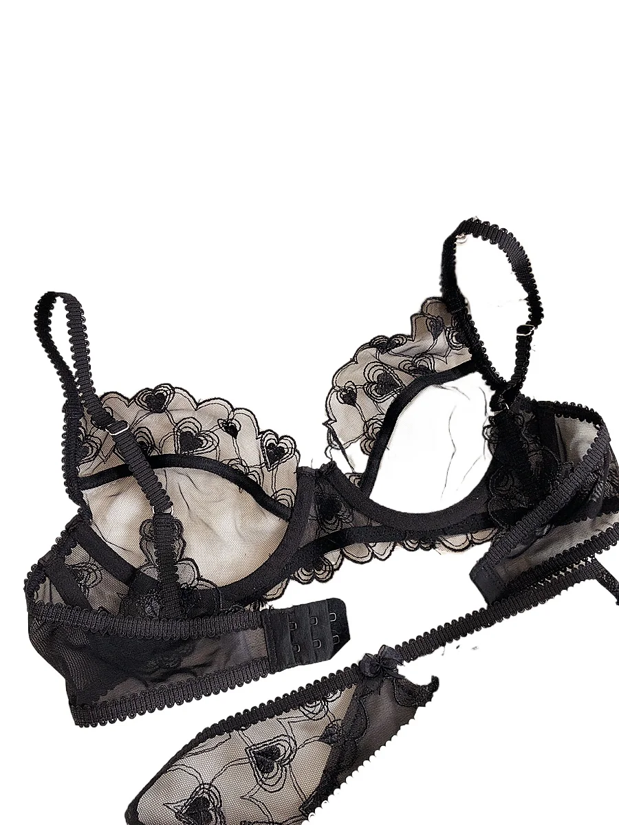

KUCLUTLove embroidery ultra-thin transparent mesh gauze with steel ring bra set women large size sweet spicy underwear brassiere