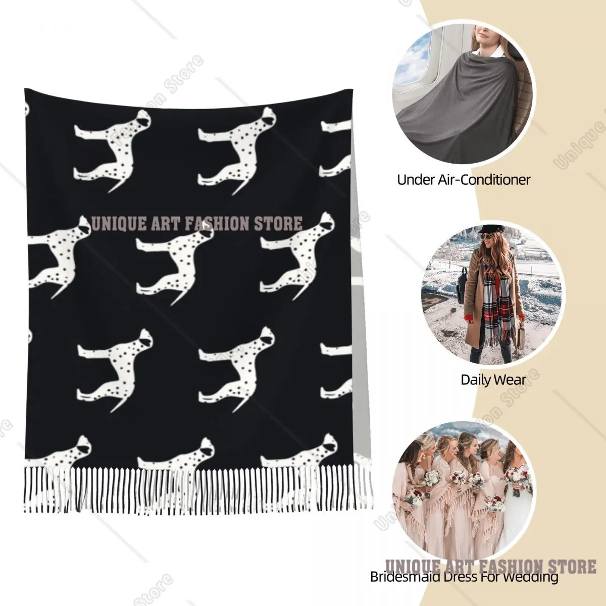 女性のタッセルスカーフダルメシアン犬動物愛好家ロングソフト暖かいショールとラップかわいい漫画ギフトカシミヤスカーフ