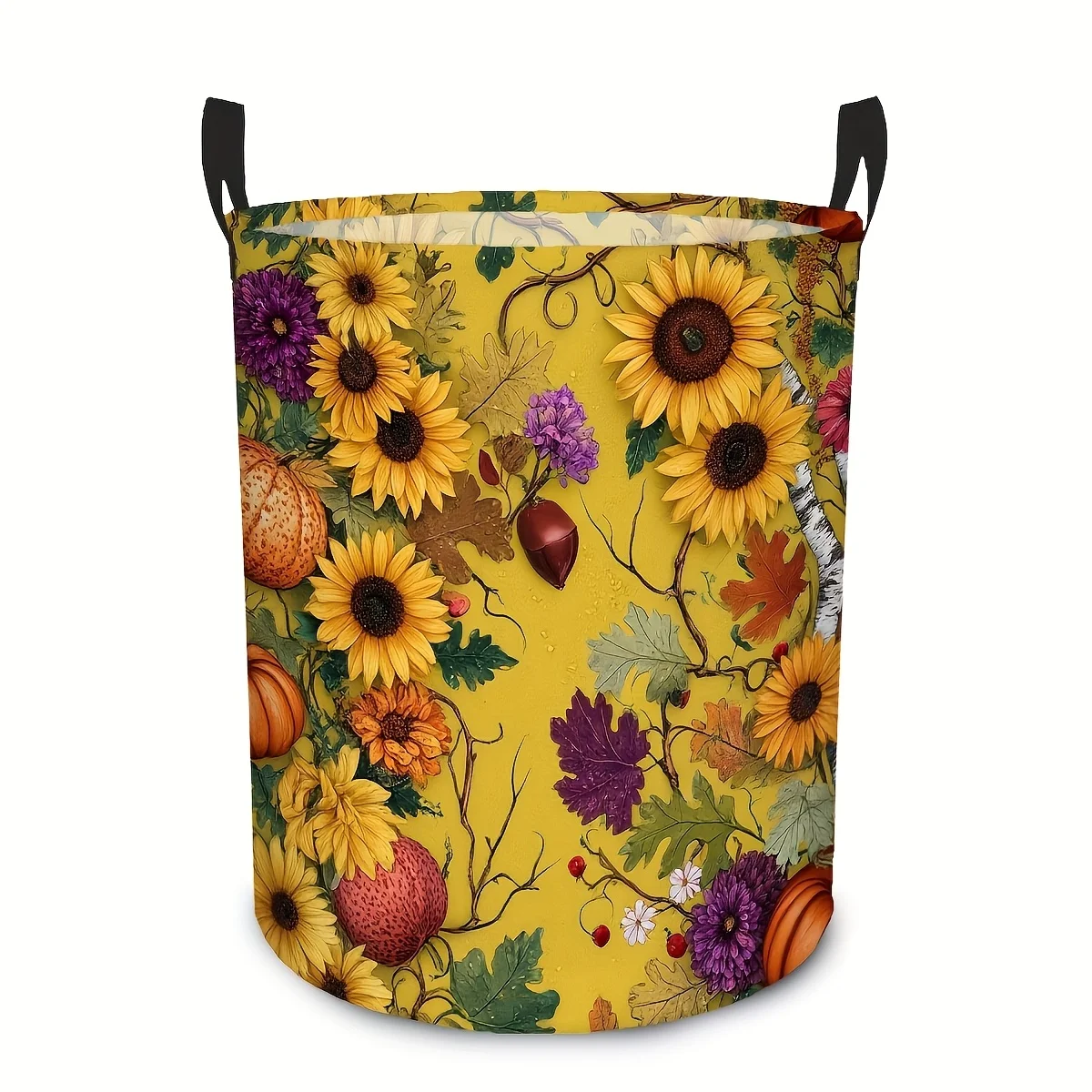 1pc 2D Flat Pattern Printed Autumn Harvest Flower Round Storage Basket Sunflower And Leaf Pattern Rural Cottage Style