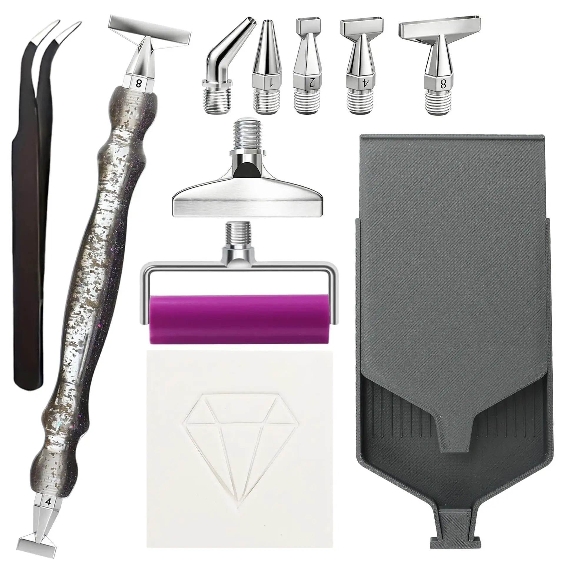 DIY Diamond Painting Pen Set, Includes Stainless Steel Bent Tips, Multi-Functional Dotting Pens with Thread Sizes 1, 2, 4, 8, Roller Tool, Diamond Painting Tray with Cover, Tweezers, Dotting Wax, and a Diamond Picker f