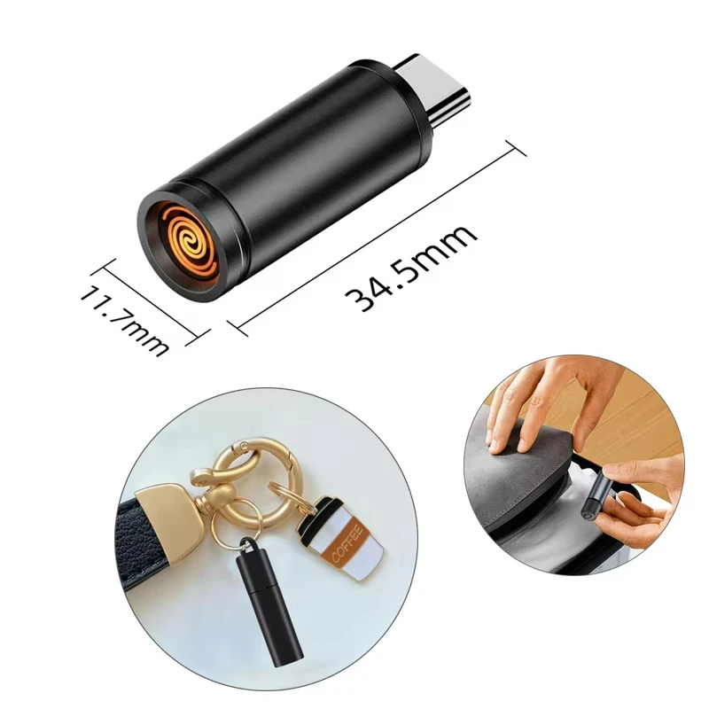 Type-C Mini Cigarette Lighter Windproof Air Blowing Cigarette Lighter Outdoor Safety USB C Lighter with cap keychain lanyard