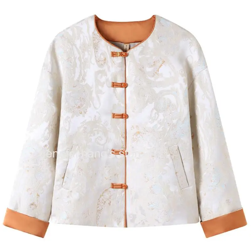 Women Chinese Style Round Collar Jacquard Qipao Top Vintage Button Long Sleeve Elegant Casual Cheongsam Blouse for Female