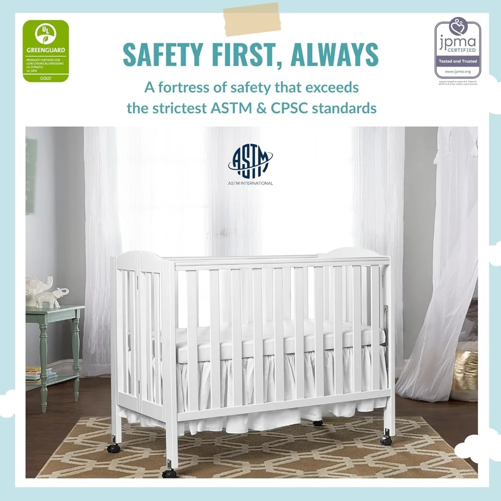 3 in 1 Portable Folding Stationary Side Crib in White, Greenguard Gold Certified, Safety Wheel with Locking Casters