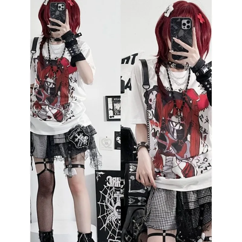 Subculture Short Sleeve T-shirt Y2k Rock Punk Female Popular Summer 2024 Harajuku Top Women Japanese White Cartoon Print Tees