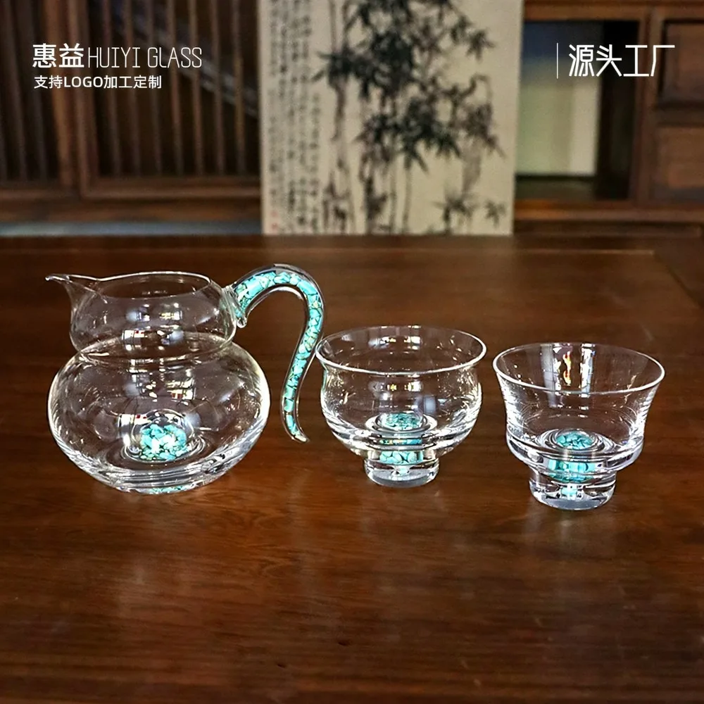 Chinese Turquoise Glass Teacup Set Thickened Heat-Resistant Tea Cup High-End Office Home Tea Ware Gift