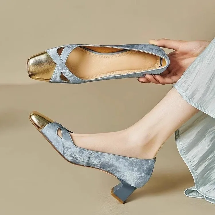 

Women's French Elegant Hollow Square Toe Block Heel Pumps, Blue Gold Cross Strap Vintage Mid Heel Dress Sandals 2026