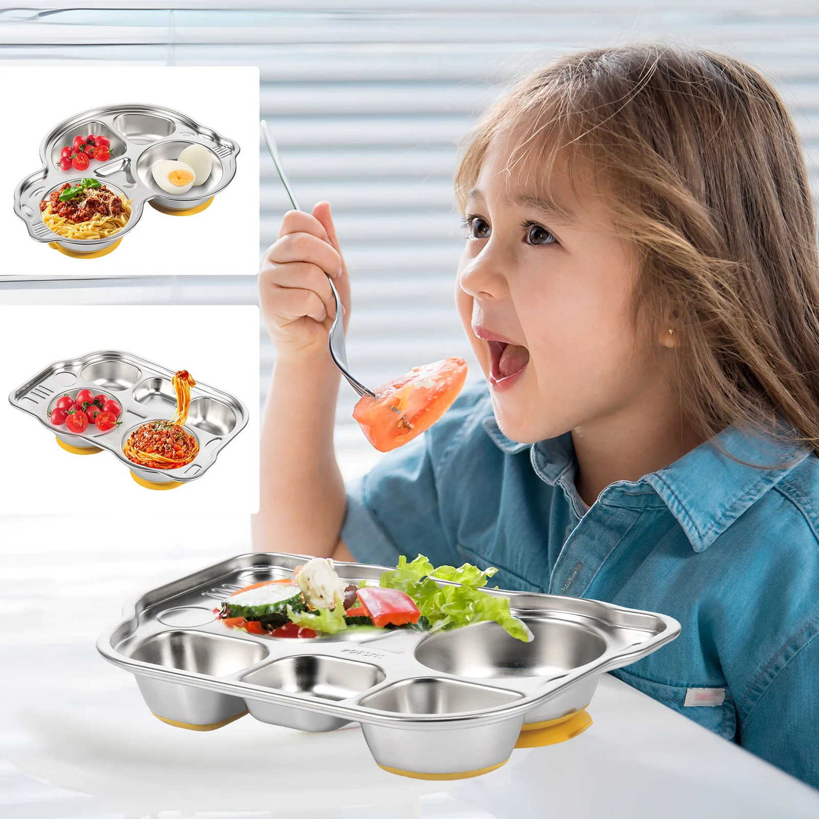 

Детская присоска из нержавеющей стали, твердая, безопасная разделенная металлическая тарелка, легко чистящаяся разделенная секция подноса для еды, обеденная тарелка