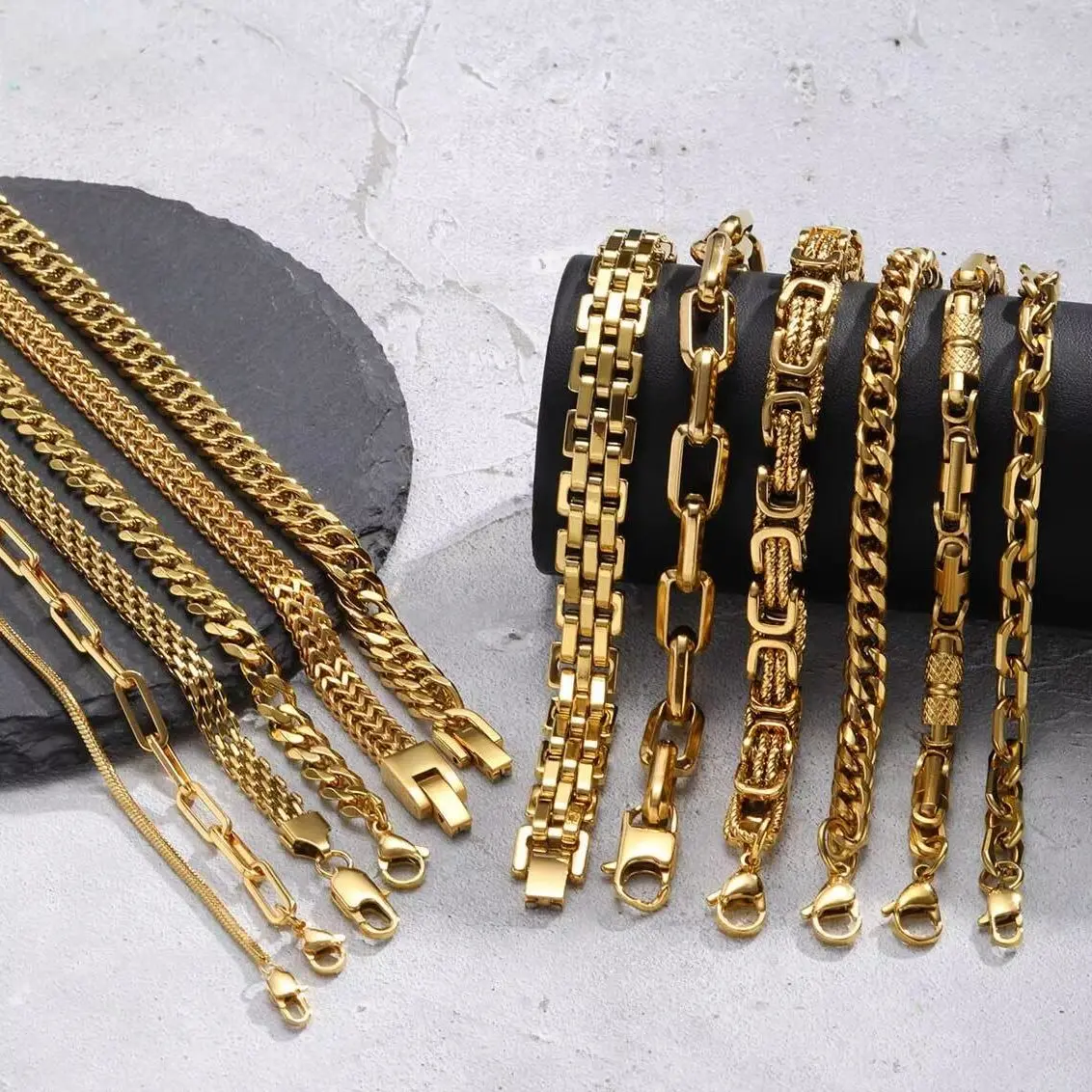 Gold Color Men's Chain Bracelet,Hip Hop Stainless Steel Chunky Chain Wristband,Rock Punk Jewelry Gift for Dad Son BBF Him