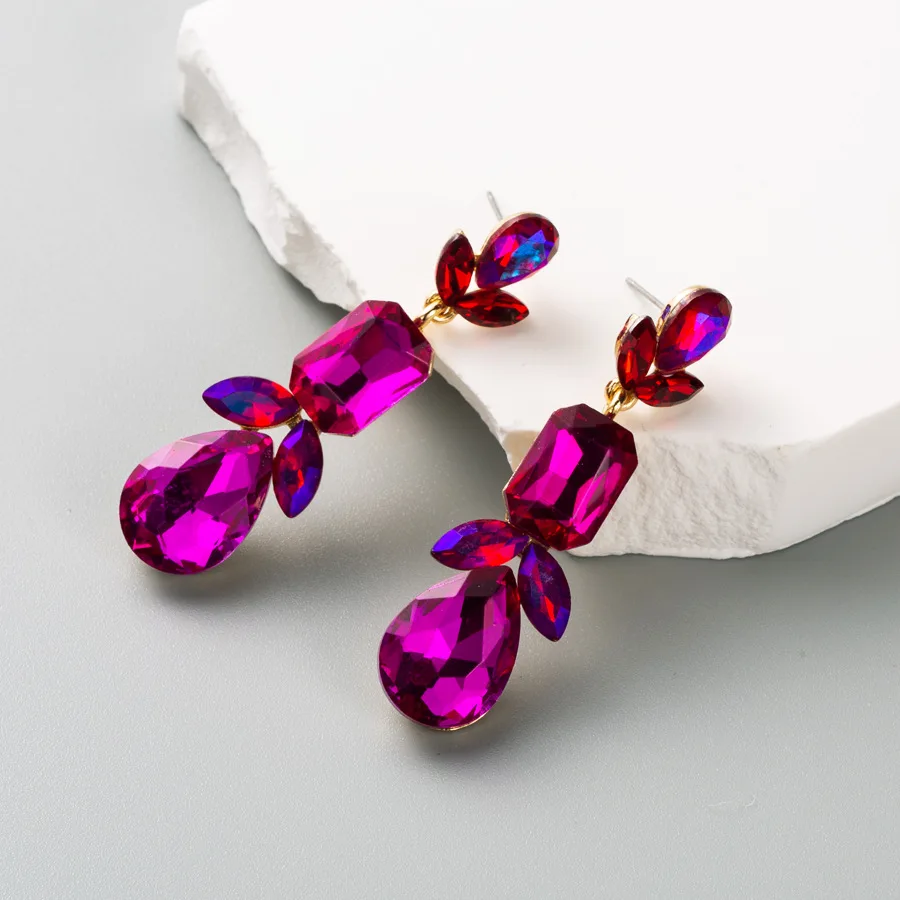 Fuchsia Green Crystals Leaf Dangle Earrings For Women Luxury Elegant Brincos Pendant Jewelry Ear Accessories