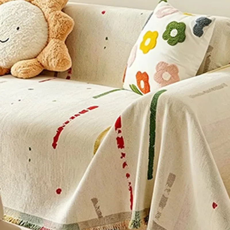 Dopamine Style Colorful Lines Tassel Sofa Throw, Cute Playful Decorative Couch Cover for Modern Living Room