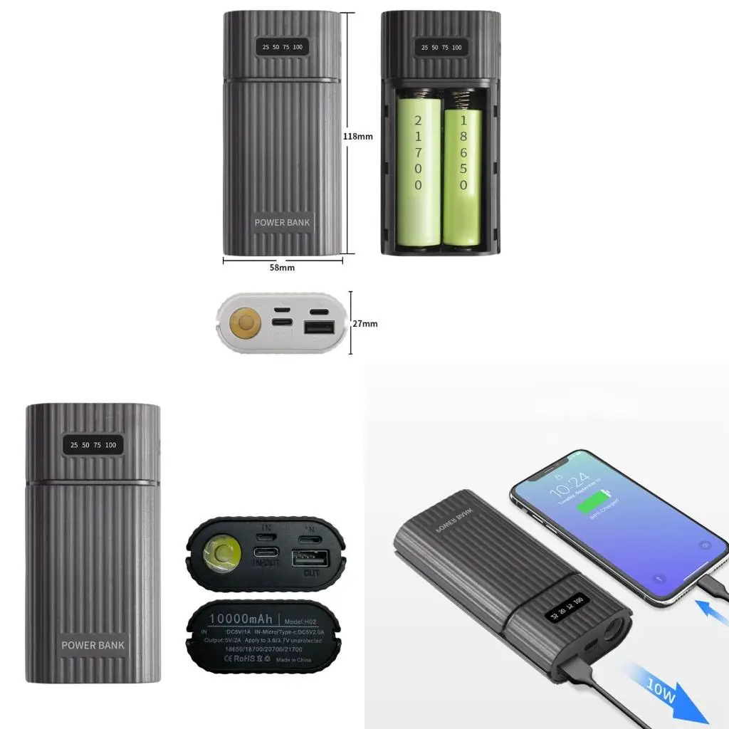 DIY 2x 18700 20700 21700 Battery Box for Case Universal USB with LED Flashlight for Smartph