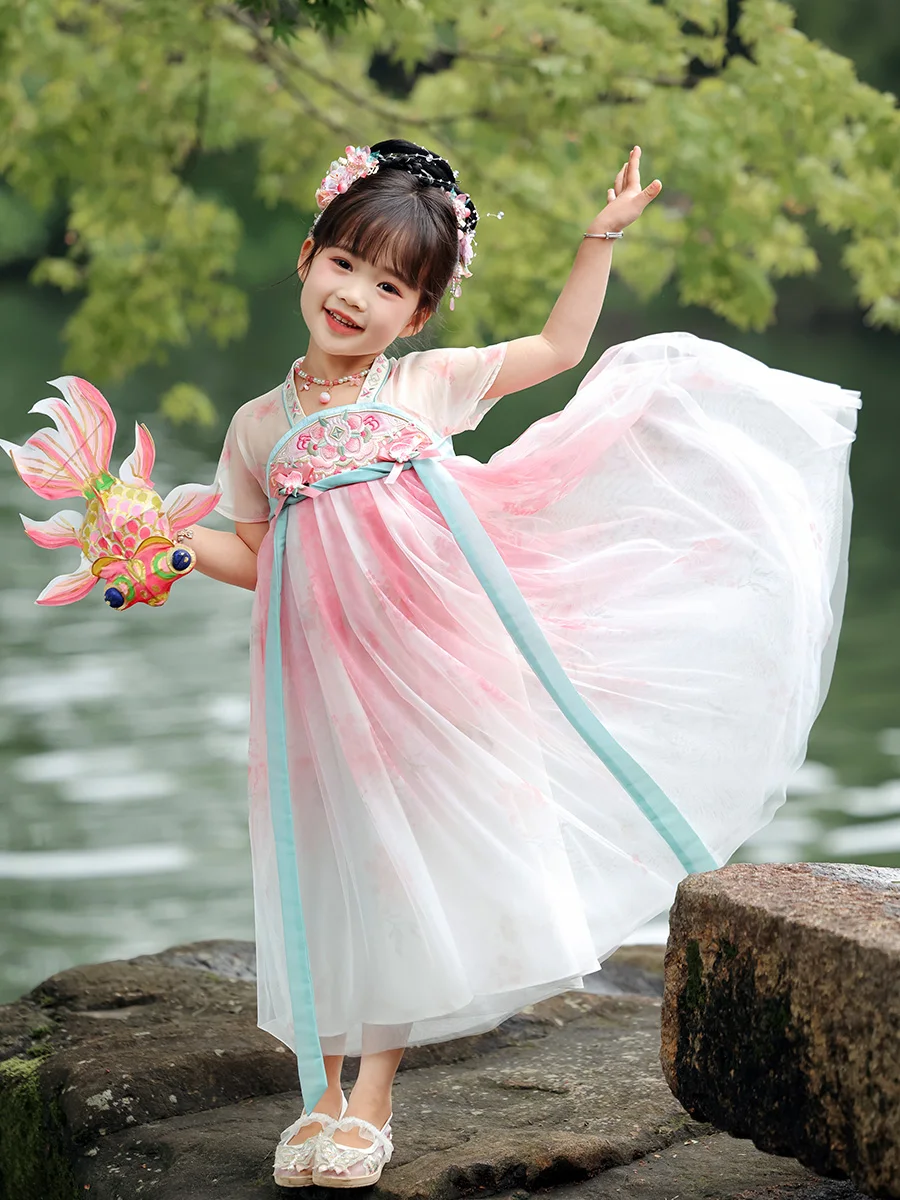 Hanfu Girls' Summer Clothing 2024 Thin Ancient Costume National Style Super Fairy High-End Pink Short Sleeve Jacket and Dress