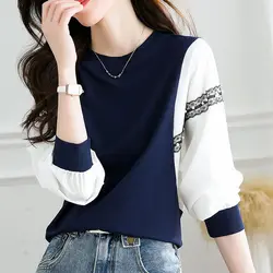 Fashion O-Neck Lace Beading Fake Two Pieces Blouses Women Clothing 2024 Spring New Loose All-match Pullovers Tops Casual Shirts