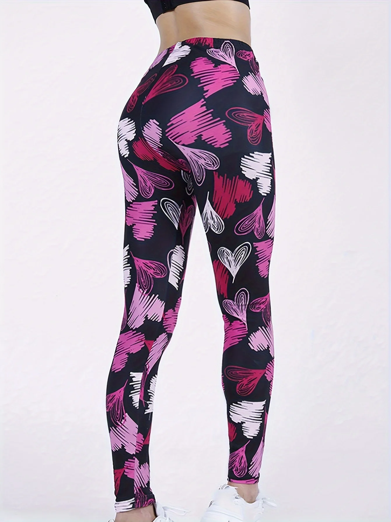 Women Trendy Graffiti Style Pink White Heart Print Leggings High Stretch Skin Friendly Cropped tights Knit Soft Casual Pants